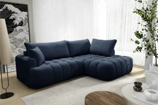 Ecksofa mit Schlaffunktion NANTES Sofa in Stoff Soft Dunkelblau Ottomane Rechts