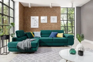 Ecksofa Schlafsofa SARRA in Stoff Kronos Dunkelgrün Ottomane Links