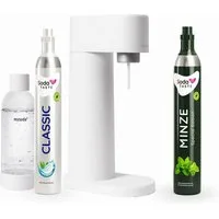 SodaTASTE Wassersprudler SodaTASTE Sparangebot: Woody Wassersprudler Weiß + CO2-Aroma Zylinder, Biokomposit-Sprudler, 2x CO2 (1x Aroma), 1L Flasche, stromlos