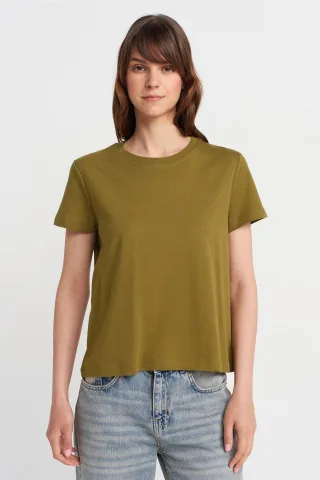 Frauen Baumwoll-Rippstrick Rundhals-T-Shirt