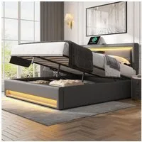Flieks Polsterbett, LED Doppelbett 140x190cm mit USB-Anschluss und hydraulischem Stauraum