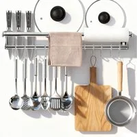 BlingBin Hakenleiste Edelstahl Küchenhakenleiste, Doppelte Hängeleiste mit 12 Haken, (1er Set, 1 St., Produktabmessungen: 60*9.4*9 cm), 60cm Wandhalterung Küchenutensilienhalter für Küche Badezimmer