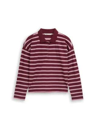 Denim Tom Tailor - Boxy Fit Langarm Poloshirt mit Streifenmuster red pink multicolor stripe - Gr. - XS