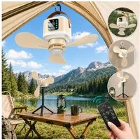 Rosnek Deckenventilator mit Beleuchtung Camping, tragbar, Fernbedienung, 4 Stufen, 3 Lichtmodi, 7200mAh, 7-20h, Balkon Camping RV