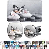 Sanilo Badaccessoire-Set 3-teilig mit Motiv, viele schöne Sets zur Auswahl, WC-Sitz mit Absenkautomatik, Badteppich 70 x 110 cm, Waschbeckenstöpsel, 3 tlg., 3-teilig, hochwertig & modern, universell, leichte Montage