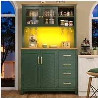 Flieks Küchenbuffet mit Arbeitsplatte in Holzoptik, LED-Beleuchtung, Glastür und Schublade (1-St., B105,5/T40/H180 cm) Hochschrank Küchenschrank Mehrzweckschrank Geschirrschrank Grün