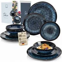 SÄNGER Tafelservice Tokio Geschirrset (36-tlg), 12 Personen, Steingut, Blau Schwarz, Handmade, Premium Collection