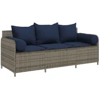 vidaXL Loungesofa Gartensofa mit Kissen 3-Sitzer Grau Poly Rattan, 1 Teile