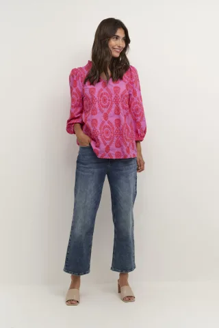 Bluse mit kurzen Ärmeln, lockere Passform, Pink fuchsia