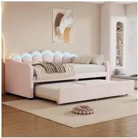 Merax Daybett 90x200cm mit Ausziehbett 90x190cm (1 tlg), Samt Polsterbett Schlafsofa Kinderbett Tagesbett mit LED-Streifen