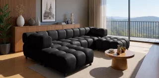 Sofa Designersofa FLOW 3-Sitzer inkl. 2 x Polsterhocker Stoff Bluvel Schwarz