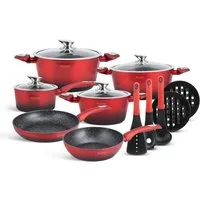 Edenberg Topf-Set Schönes schwarzes und rotes Topfset Pfannen Kasserolle Küchengeräte, Aluminiumguss, Keramik, Edelstahl (3x Topf mit Glasdeckel, 1x Kasserolle mit Glasdeckel, 2x Pfanne 2x Untersetzer, 3x Küchengeräte, 15-tlg., Zeitloses Design des T