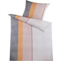 KH-Haushaltshandel Bettwäsche Seersucker Bettwäsche 135x200 +80x80cm, längs gestreift, Seersucker, grau ocker koralle weiß, bügelfrei