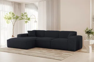 Ecksofa Designersofa CELES PREMIUM in Stoff Sven Dunkelblau Ottomane Links