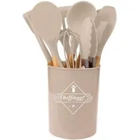 Cheffinger Kochbesteck-Set 12-tlg Küchenhelfer Kochbesteck Set Kochgeschirr Silikon Holzgriff