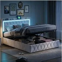PXloue Polsterbett Stauraumbett Geeignet für kleine Wohnungen (Kopfteil mit 2 USB-Anschlüsse und 1 Typ-C-Ladeport), Hydraulisches Doppelbett, mit LED-Leisten, Samtbezug, 140x200