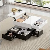 KLAM HOME Couchtisch Couchtisch 360° drehbar und höhenverstellbar (70*70*40cm moderner Beistelltisch mit 3 Schubladen), Hochglanz Weiß Schwarz, Wohnzimmertisch mit Stauraum