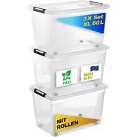 Gardissimo Aufbewahrungsbox 3 er Set mit Deckel "Clip" 60 Liter Kunststoff Boxen Stapelboxen L (Spar-Set, 3 Boxen + 3 Deckel), mit Clipverschluss / Rollen / staperlbar / nestbar