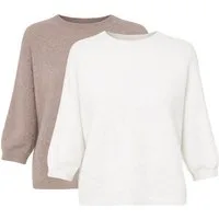 SASSYCLASSY Strickpullover Strickoberteil Set für Damen Weiche Tops mit halbangen Ärmeln und Runhalsausschnitt Taupe-Offwhite
