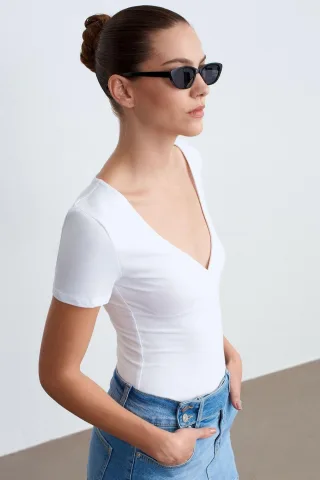 Figurbetontes V-Ausschnitt Kurzarm-T-Shirt