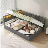MSMASK Polsterbett 140x200cm mit USB-Steckdosen & LED-Kopfteil, Leinen Dunkelgrau (1-tlg), Eckanpassbares Kopfteil, LED-Lichtleiste mit App-/Fernbedienung