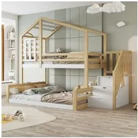 Flieks Etagenbett, Kinderbett 90x200cm+140x200cm mit Haus-Fenster-Design, Stauraumtreppe