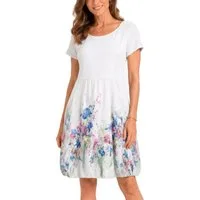 dy_mode Midikleid Damen Sommerkleid mit Blumenmuster Ballonkleid kurzarm Kurzarmkleid Leicht tailliert, 95 cm lang, Blumen-Print