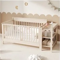 REDOM Babybett Multifunktionales Kinderbett aus holz, bemalbare Tafeln, 1-tlg., 3-in-1 mit Regal, Schutzzaun abnehmbar, 140x70x90 cm, Natur