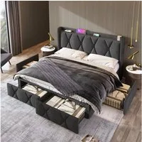 Flieks Polsterbett, Doppelbett mit Steckdose/USB Ladefunktion und 4 Schubladen 140x200cm