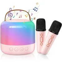 MOPUEA Mini Karaoke Maschine mit 2 Kabellosen Mikrofonen Karaoke-Anlage Bluetooth-Lautsprecher (5 W, mit LED Lichteffekt, USB-Ladung,Geburtstags- und Urlaubsgeschenk)