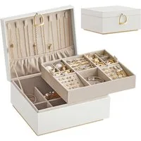 SONGMICS Schmuckkasten Schmuckbox Schmuckaufbewahrung, 2 Ebenen, mit Griff, flexibles Schmucktablett