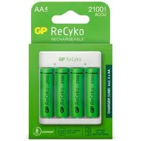 GP Batteries USB Akku-Ladegerät AA / AAA + 4x AA-Akku ReCyko Akku-Set Mignon 2100 mAh (1,2 V, 5 St), Kompakt Lader E411 + 4x AA 2100mAh Mignon LR06 LR6 Batterie Accu