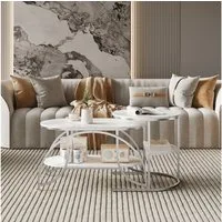 BELUPAI Couchtisch 2er Set, Wohnzimmertisch oval und rund, modern Satztisch, Beistelltisch mit Marmormuster,Silber Metallgestell,Weißes Paneel
