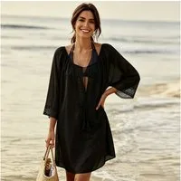MOPUEA Strandkleid Strandtunika Damen Baumwolle Bikini Überwurf Mit Spitze Boho (Damen Strandtunika Bikini Überwurf Aus Baumwolle, Leichter Überwurf Mit Spitze Und Dekorativen Quasten) Atmungsaktiv Hautfreundlich Luftig Und Schnell Überziehbar