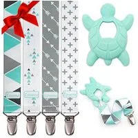 Liname Schnullerbefestigung 4er Set Schnullerkette Schnuller Halter Schnullerhalter Schnullerband, mit Metall Clip inkl. Beißspielzeug