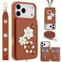 Wigento Handyhülle Für Apple iPhone 17 Pro Crossbody Kunstleder Blumenmotiv Hülle Braun, Mit Kartenfächern, Gurt, Kickstand-Funktion