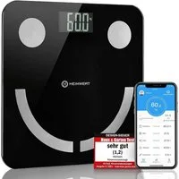 HEIMWERT Körper-Analyse-Waage Personenwaage Körperfett digital, wiederaufladbarer USB Akku, Testsieger Design Waage mit Bluetooth APP