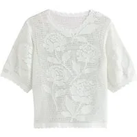 Next Kurzarmpullover Kurzärmeliges T-Shirt mit Häkelblumen (1-tlg)