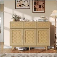 FUROKOY Sideboard Rattan Küchenschrank us Holz (Buffetschrank Highboard mit 3 Schubladen und 3 Türen), für Schlafzimmer, Wohnzimmer, Flur, 108 x 40 x 80 cm, Holzfarbe