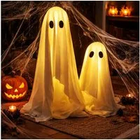 Online-Fuchs Dekofigur 2 Geister mit LED-Beleuchtung & Timer - Halloween Deko innen (Blickfang im Eingangsbereich, warmweiße Beleuchtung), schaurig süße Geister mit LED-Lichterkette bestückt