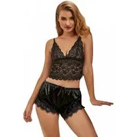 Lau-Fashion Set: Bralette-BH Spitze Frauen Schlafanzug Satin Pyjama Set zweiteilig Nachtwäsche S/XL