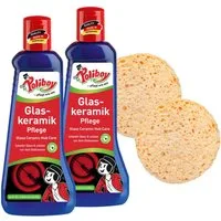 poliboy Reinigungsset für Glaskeramik - 2x200ml Glaskeramikreiniger (mit Einbrennschutz - Inklusive 2x Schwamm - Made in Germany)