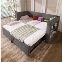Flieks Daybett, Polsterbett 90/180x200cm mit Ausziehbett, Ladefunktion & Stauraumregal