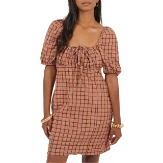 Brave Soul - Minikleid für Damen, Eckiger Ausschnitt, Puffärmel (Rostfarben/Schwarz)