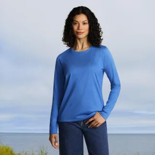 Supima-Shirt, Langarm, Damen,  Blau, Baumwolle, by Lands' End