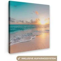 OneMillionCanvasses® Leinwandbild Sonnenuntergang - Strand - Meer - Sommer - Blau, Fotodruck (1 St), Wandbild, Deko Schlafzimmer Wohnzimmer Flur 20x20 cm