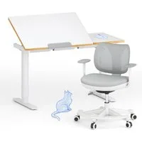 FLEXISPOT Schreibtisch Kinderschreibtisch Höhenverstellbar (mit neigbarer Tischplatte, mit LED-Höhenanzeige & 3 Speicherplätzen, MIT Haken, 16mm Abgerundete Tischecken), für Kinder ab 6 Jahren, Kindertisch Stuhl Set