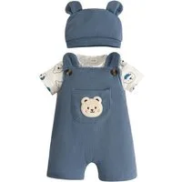 Lapastyle Strampler Baby Jungen Freizeitanzug, Sommer Set für Neugeborene mit Bärenabdruck (Set, 3-tlg) Kurzarmshirt & Latzhose & und Mütze, Niedliches Set, Festliche Kostüme