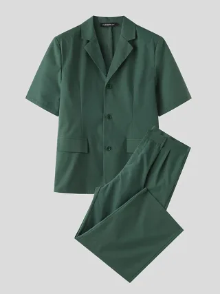 INCERUN Men Sets Short Sleeve Men Suit & Pant Mens Fashion Simple Solid Color Suits Two Pieces OutfitsMen's Casual Sui