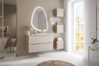 Badmöbel Set 5-tlg Badezimmerset LAXY Eiche Beige Schrank 90cm inkl. Waschtisch
